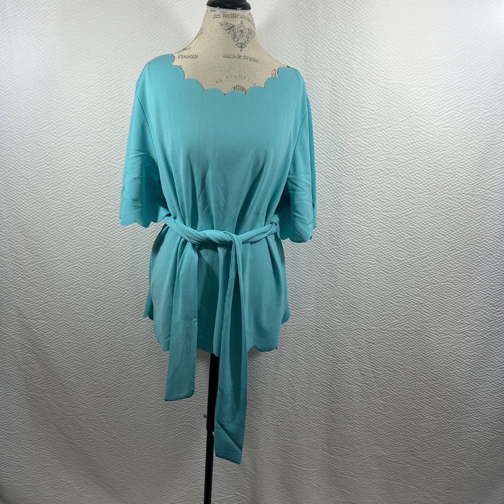 Scallop Edge neckline sleeves hem Top blouse with matching belt sash new